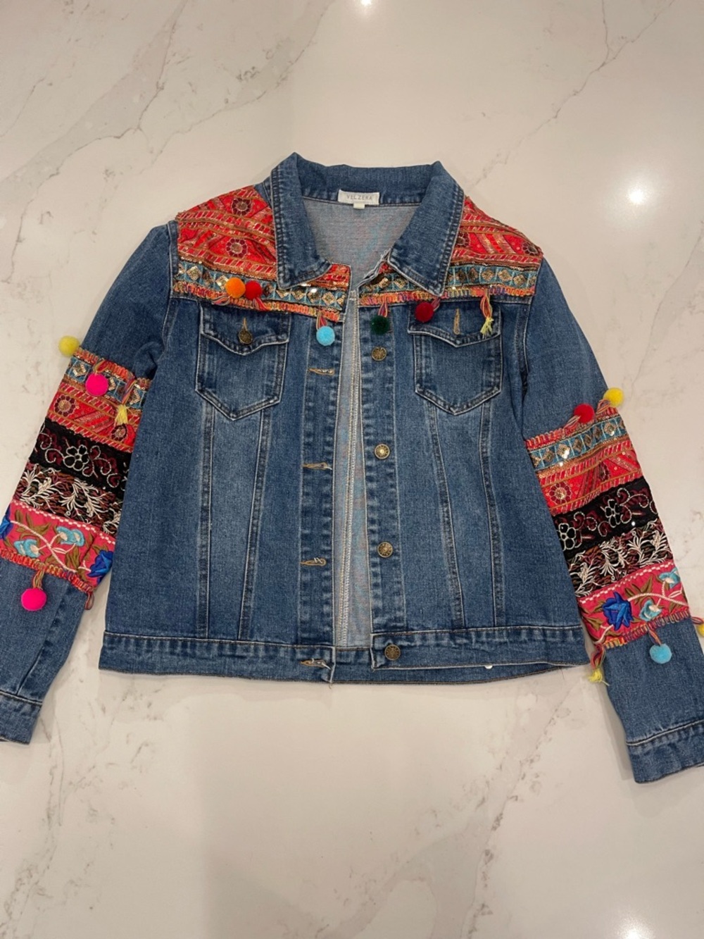 Velzera Women’s Denim Jacket with Multicolor Embroidered Panels and Pom-Poms - Picture 3 of 16